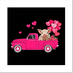 Funny Farm Truck With Pig _ Heart Balloons Valentines Day Posters and Art